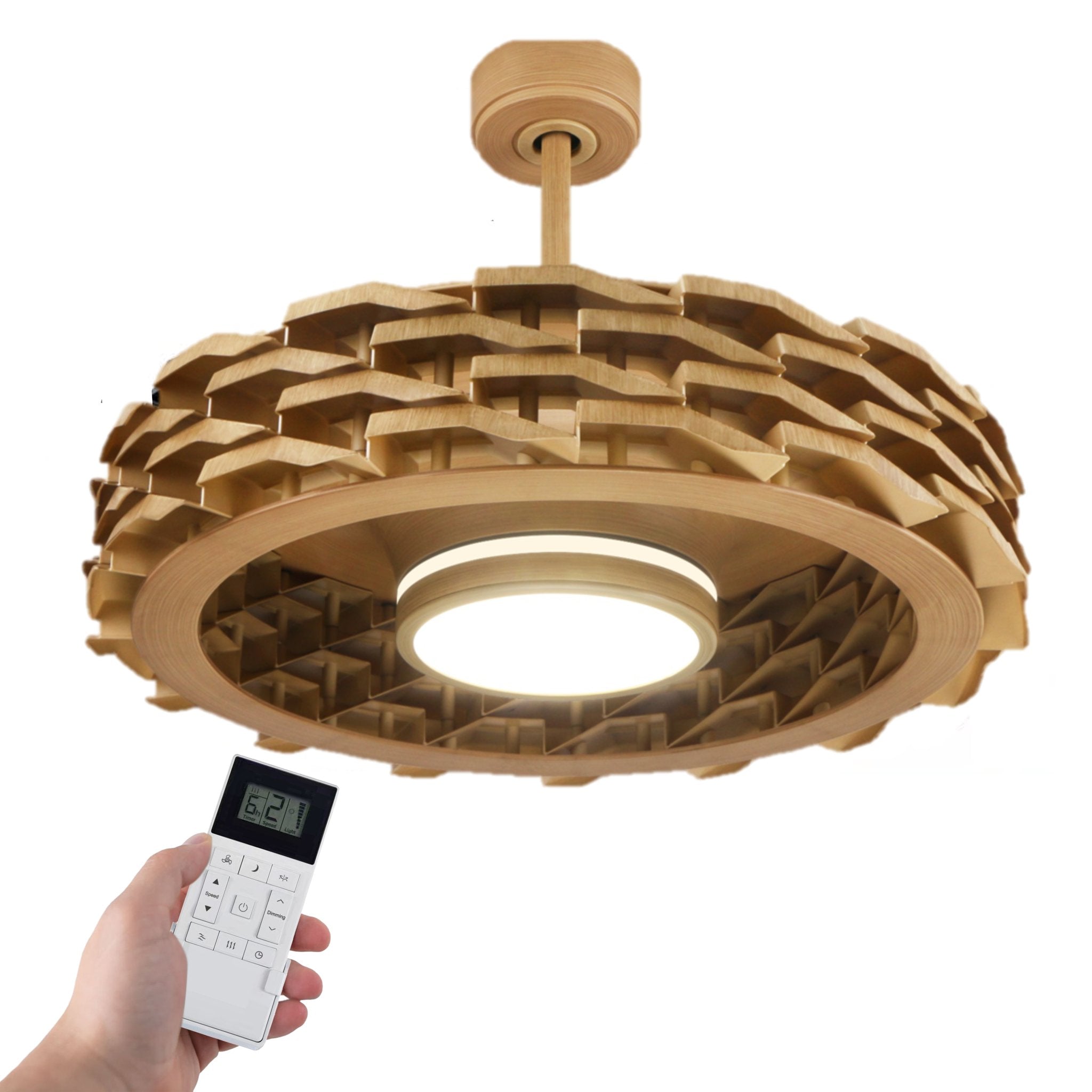 LUMIO Bladeless Ceiling Fan, 6 Speeds with Dimmable LED Light - shown in Wood (Faux)-28"-Remote Control